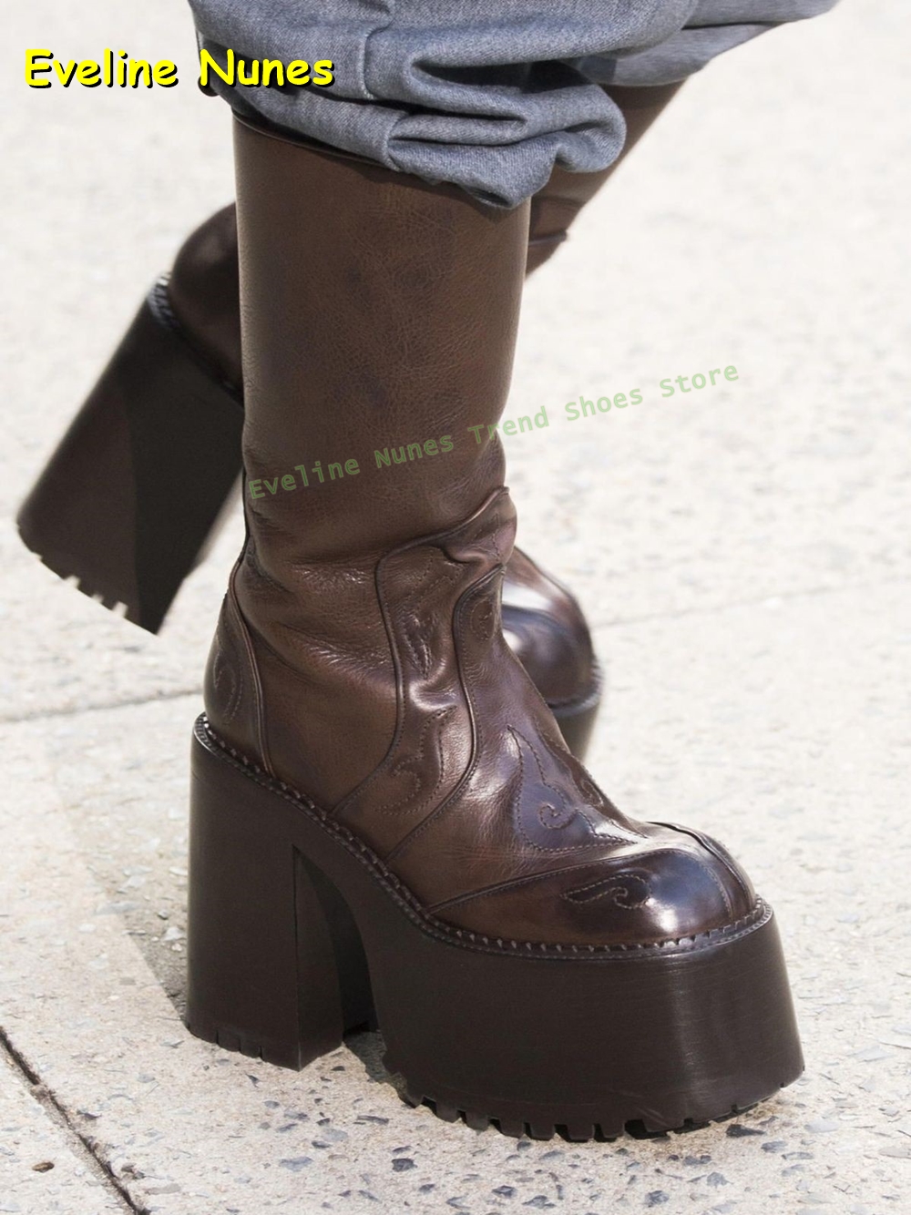 Women Fashion Trend 2025 - Embroidery Platform Knee High Boots Round