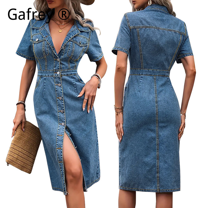 Denim Shorts Women - Plus Size Women Lapel Denim Dress