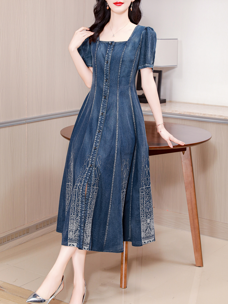 Denim Shorts Women - TIYIHAILEY-Long Mid-Calf Short Sleeve Denim Dress,