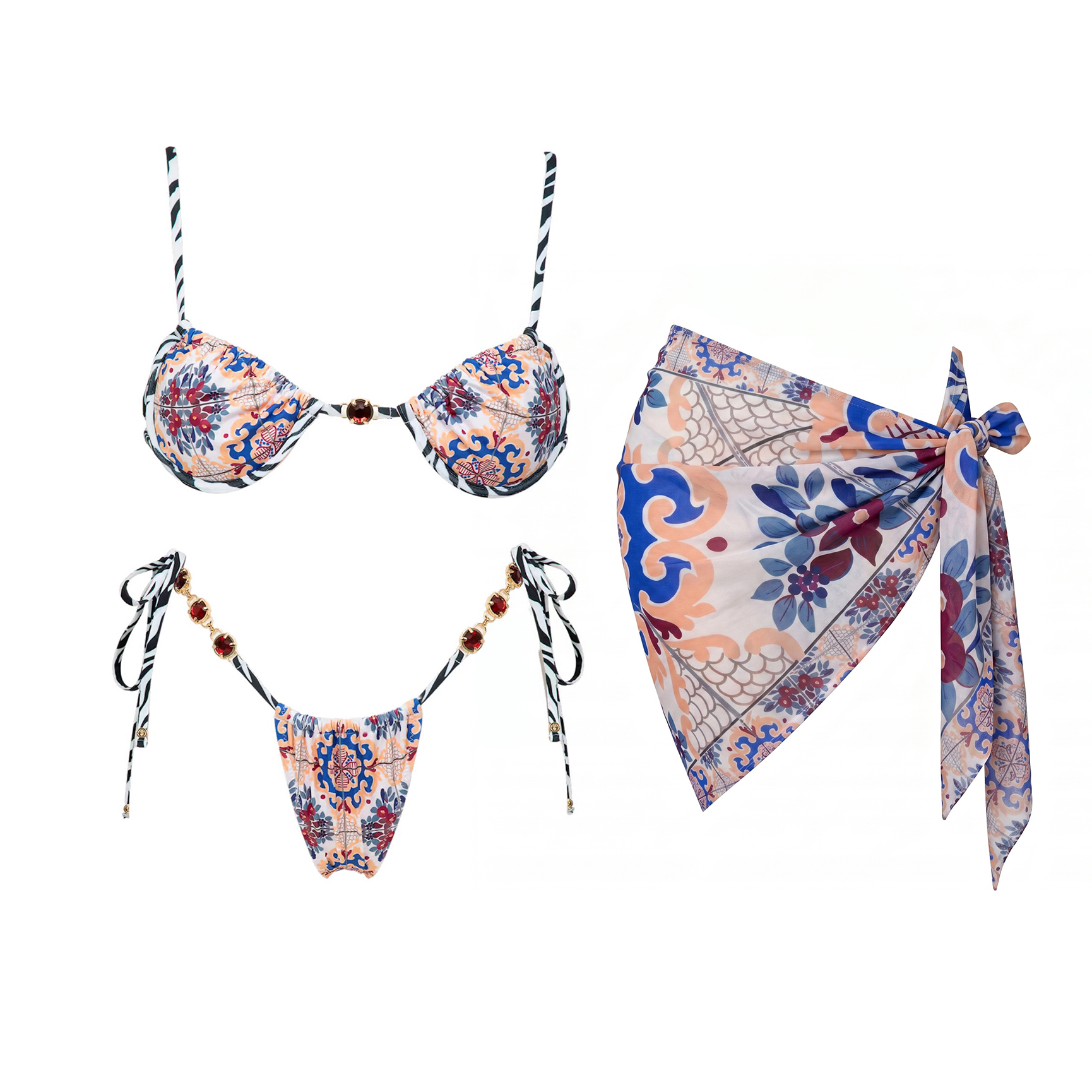 3Pcs Micro Bikinis Sexy Women  - огляд і ціна Printed Wrap Skirt