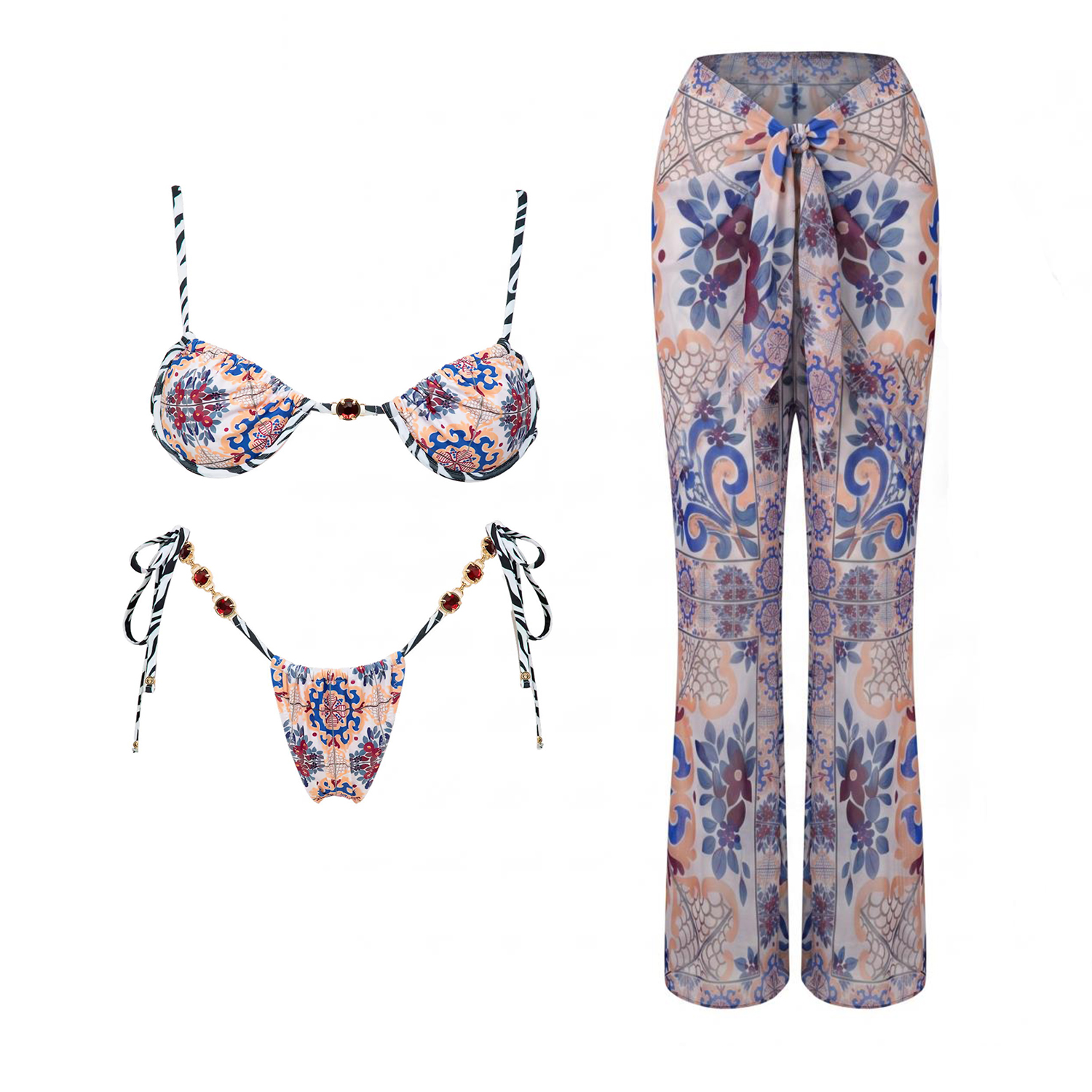 3Pcs Micro Bikinis Sexy Women  - огляд і ціна Printed Wrap Skirt