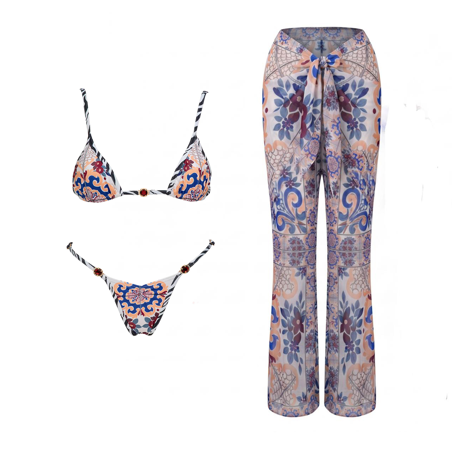 3Pcs Micro Bikinis Sexy Women  - огляд і ціна Printed Wrap Skirt