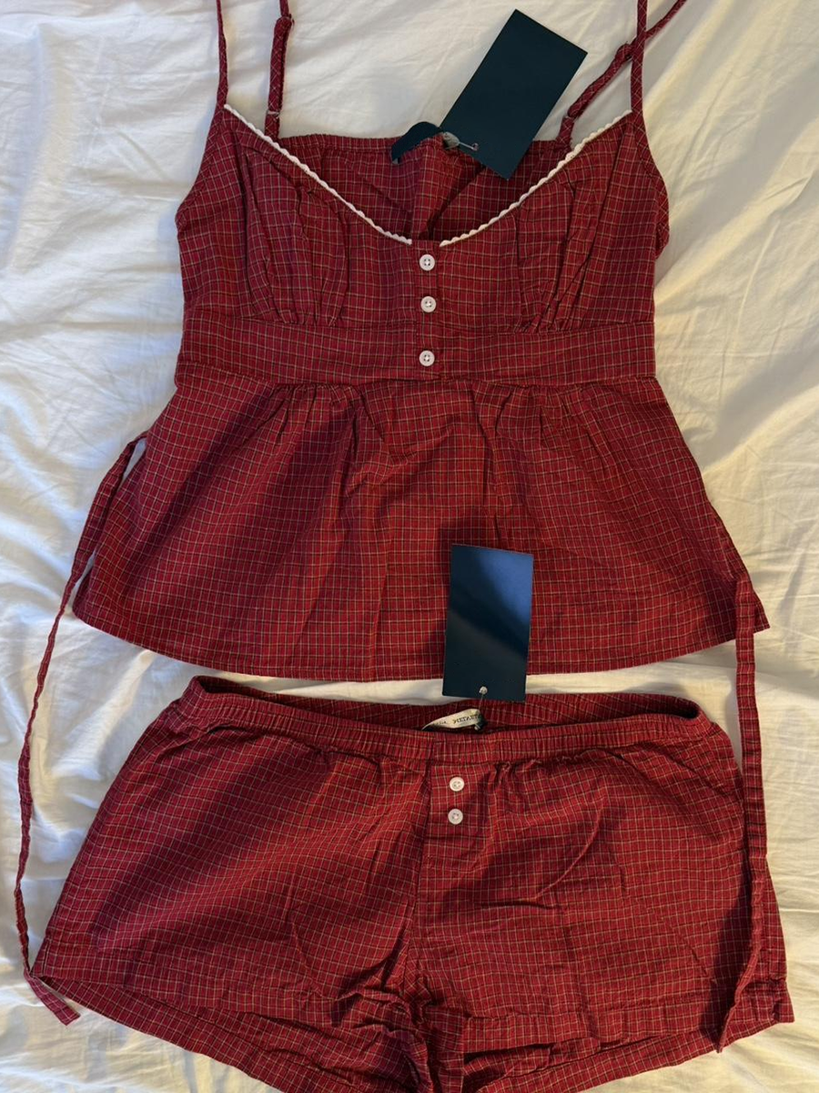 Red Plaid Buttons Tank Shorts  - огляд і ціна Lace Trim Cami