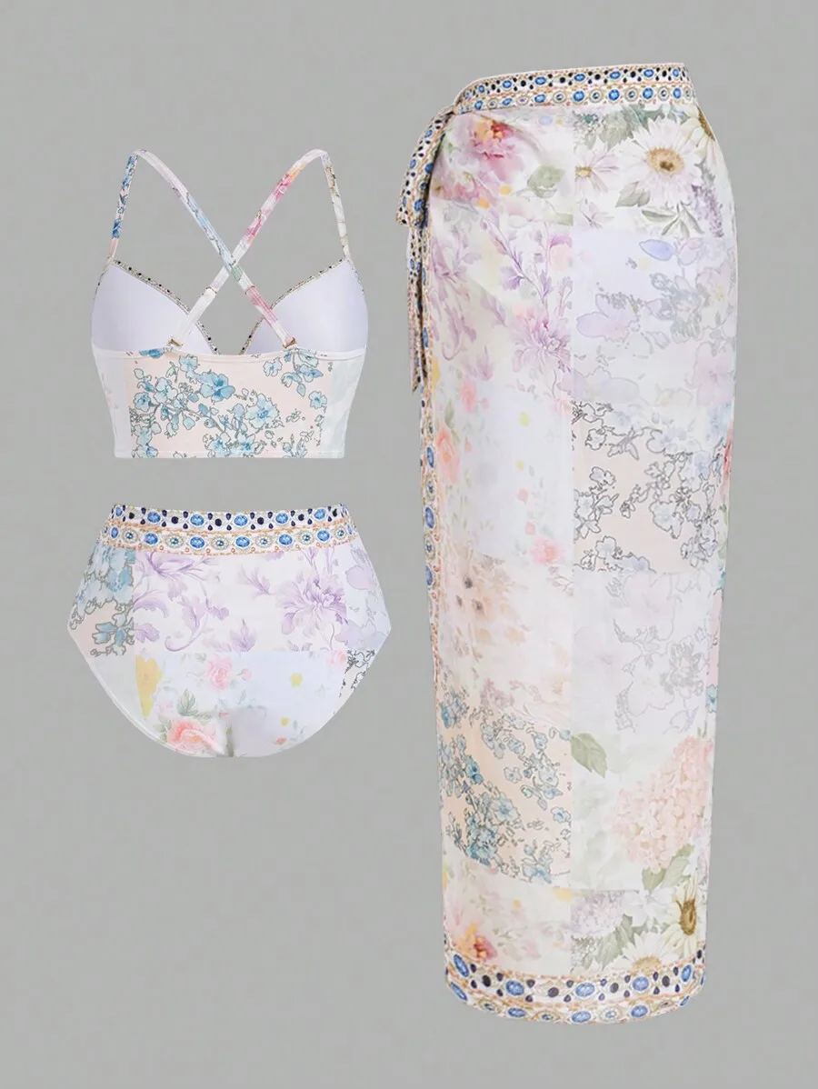 Women Floral Print Bikini Set  - огляд і ціна Printed Wrap Skirt